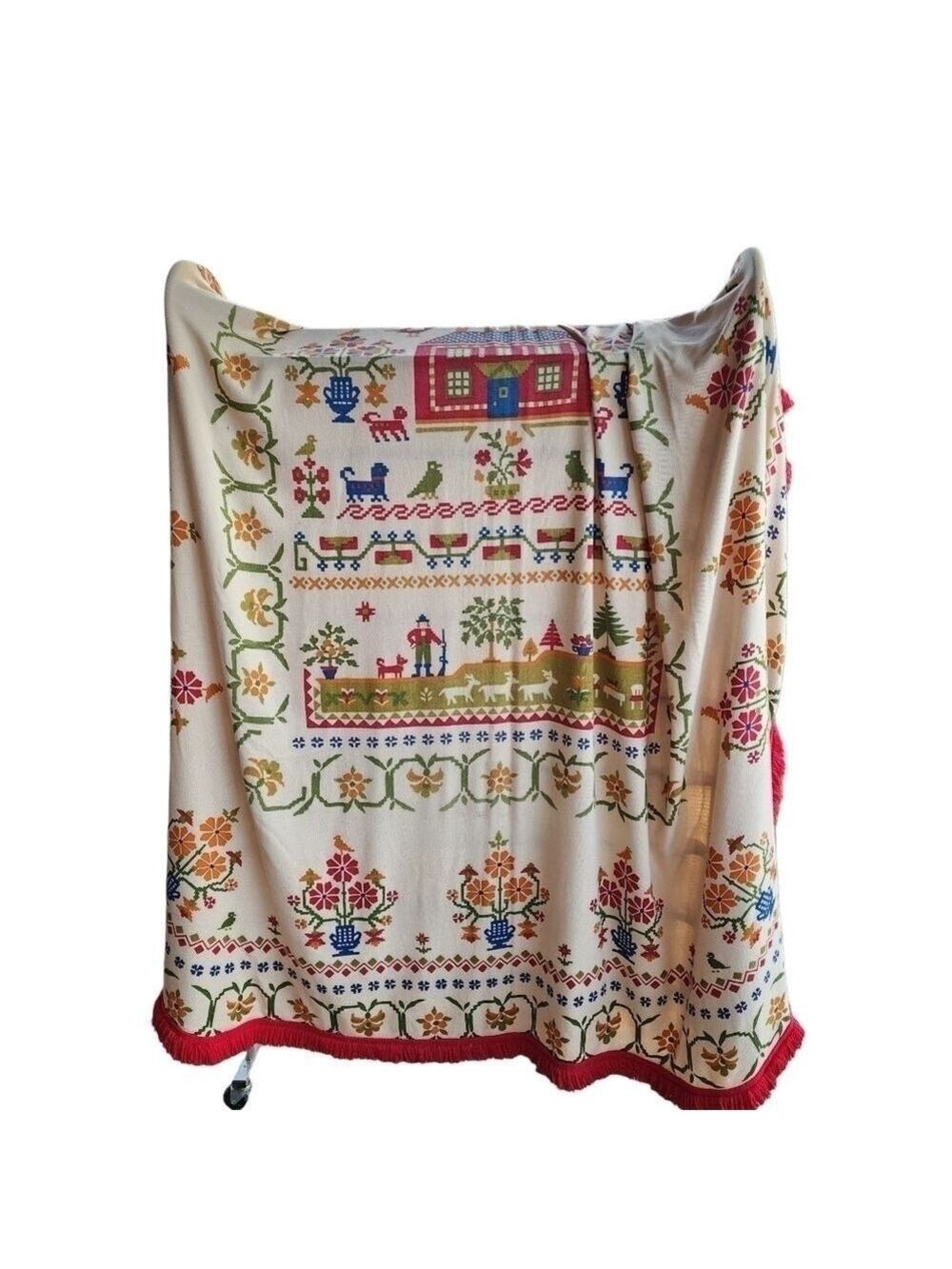 Vtg Fieldcrest Farmhouse faux cross stitch fringe edge twin sz bedspread blanket